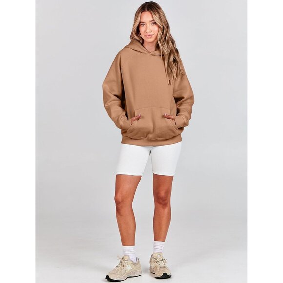 Women Light Brown Hoodies Oversized Fleece Long Sleeve Comfy Casual Sweatshirts - Picture 8 of 9